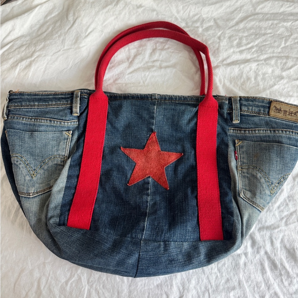 vintage denim star jean red & blue tote bag